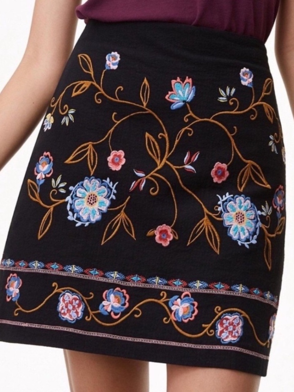Loft Black Floral Embroidered 100% Cotton Mini Skirt - Size 14
